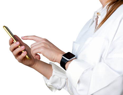 Isolated female businessperson wearing white office shirt touching smart pone's screen with her finger.