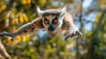 Naklejka premium Lemur Leaping Gracefully Through Lush Tropical Forest Canopy of Madagascar s Captivating Wildlife