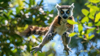 Fototapeta premium Leaping Lemur Acrobatic Primate in Lush Madagascan Wilderness