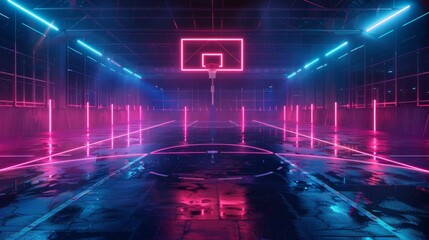 Glowing Neon Basketball: A 3D vector illustration of a basketball court at night - obrazy, fototapety, plakaty
