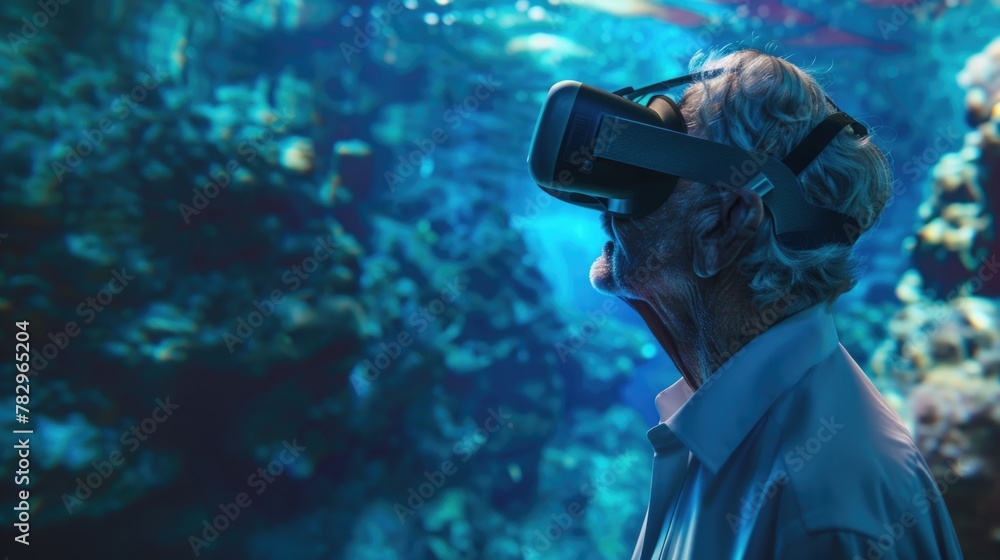 Poster a man immersed in virtual reality experience. ideal for technology and entertainment concepts