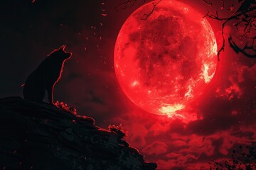 Lone wolf standing on a rock with a red full moon in the background. Suitable for nature and wildlife themes