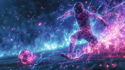 Glowing Neon Football: A 3D vector illustration of a football player celebrating a goal