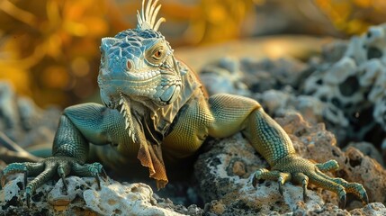 Fototapeta premium Iguana Basking on Sunlit Rocks Cold Blooded Lords of Their Tropical Domain