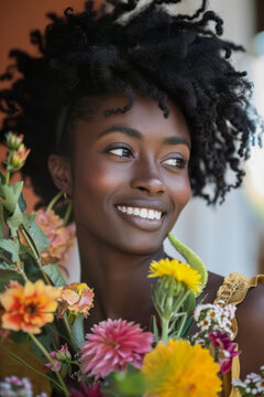 A beautiful woman holding flowers and smiling happily
