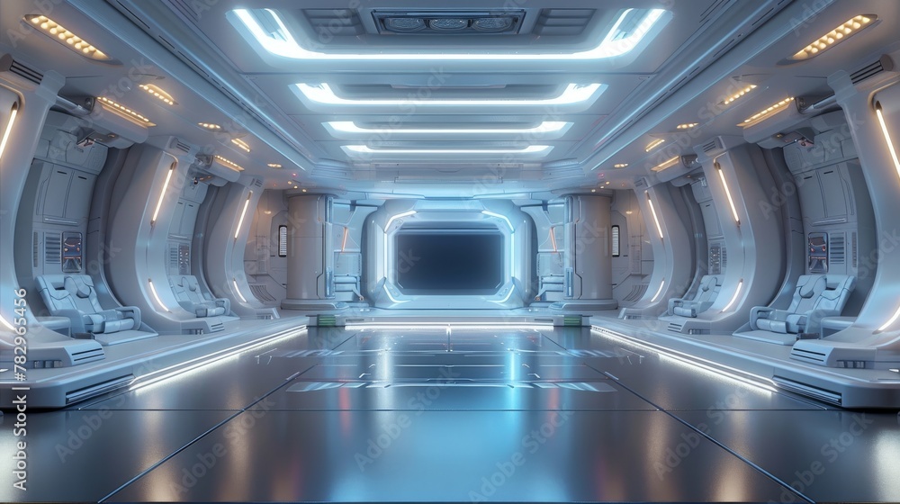 Leinwandbilder Conceptual design of futuristic interior with an empty stage. Hi-tech sci-fi future background. 3D rendering.