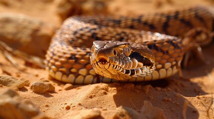 Obraz premium Cobra Coiled and Poised Among Desert Sand Dunes A Dance of Danger and Beauty