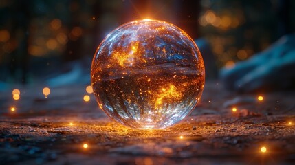 An abstract magic illustration of a glass sphere of glowing lights on a transparent background