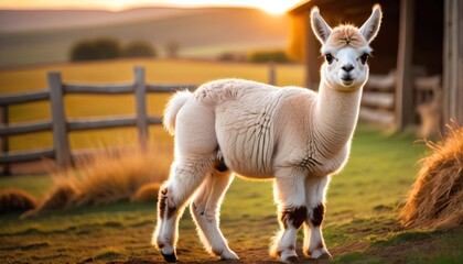 A solitary alpaca stands in a tranquil pasture as the sunset bathes the scene in golden light.. AI Generation