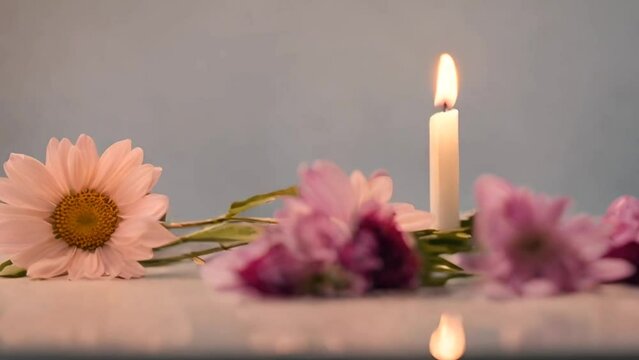 Generative AI, burning candle. Aesthetic composition flowers. Home interior, comfort, spa, relax and wellness