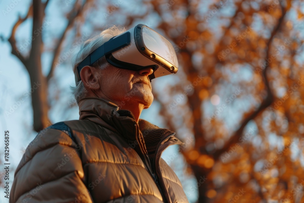 Poster A man wearing a virtual reality headset in front of a tree. Suitable for technology concepts