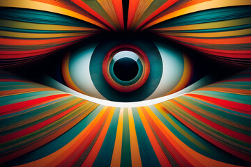 An art painting with a huge eye surrounded by colorful lines, yarn textures, and artwork hanging paintings, wallpaper Illustration