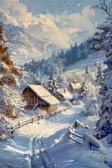 A painting of a winter scene with a snowman, perfect for seasonal decorations