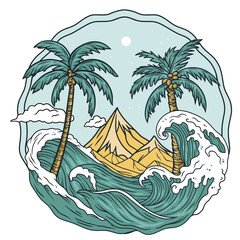 Summer featuring tropical palm trees, waves, and a beach with mountains in the background