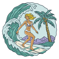 Exciting tropical beach surfing adventure in hawaii. Featuring a female surfer riding vibrant. Energetic waves with a surfboard in the stunning. Exotic ocean. Surrounded by palm trees and a sunny