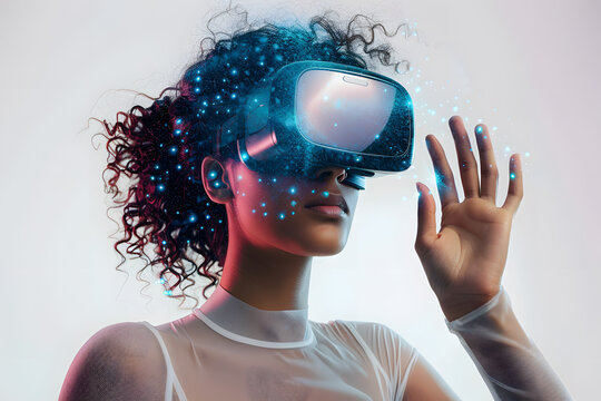 Young woman using virtual reality headset Isolated on light background studio portrait. Cyberspace concept