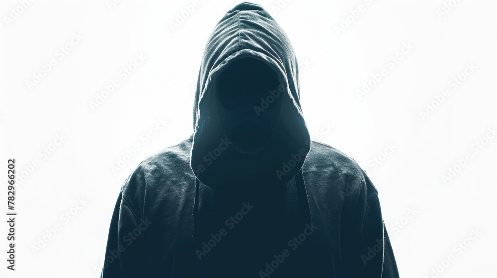 Poster a person wearing a hoodie standing in front of a plain white background. ideal for a variety of conc