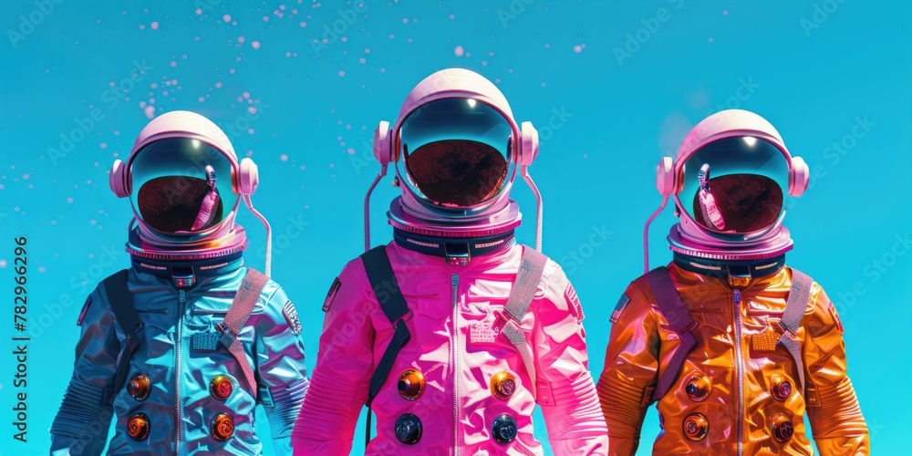 Poster Three astronauts in a group, suitable for space exploration concepts