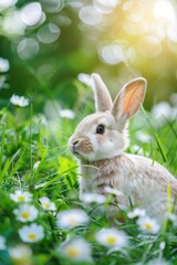 Cute rabbit sitting in grass with daisies, perfect for nature themes