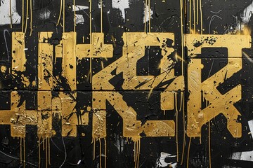 Fototapeta premium Close-up of gold street art on black, revealing a complex calligraphy design with bold spray-painted lines and subtle white ink drips