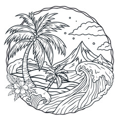 Tropical beach wave with palm trees, mountains and sunset for t shirt print. Stylized vector of a tranquil seaside landscape for summer travel and vacation. Monochrome outline style or lines