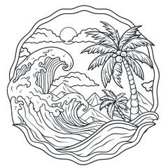 Illustration of a colorful tropical beach wave with palm trees, mountains, and a sunset, in a stylized vector of a tranquil seaside landscape for summer travel and vacation. Monochrome outline style