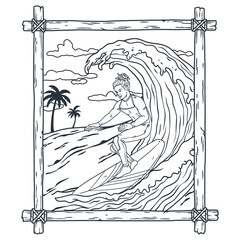 Active man on surf board with wave and tropical palms for surfing or sea sport. Beach tee print or ocean t shirt design. Extreme surfer on surfboard for design of summer beach life