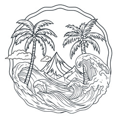 Summer featuring tropical palm trees, waves, and a beach with mountains in the background. Monochrome outline style or black and white lines