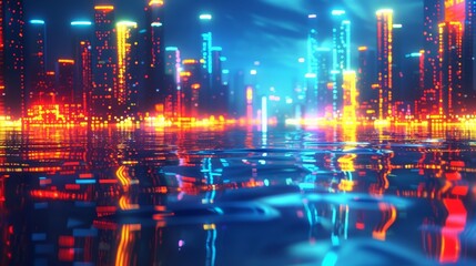 Obraz premium Glowing Neon Surfing: A 3D vector illustration of a futuristic cityscape at night