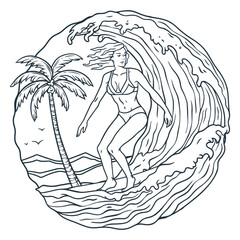 Female surfer rides ocean waves, exemplifying tropical exotic beach fun. Extreme girl on surfboard for design of summer beach life. Active woman on surf board and wave for surfing or sea sport