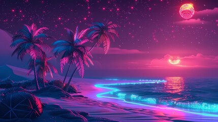 Fototapeta na wymiar Glowing Neon Surfing: A 3D vector illustration of a tropical beach at night