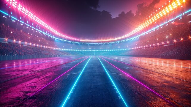 Glowing Neon Surfing: A 3D vector illustration of a futuristic sports arena