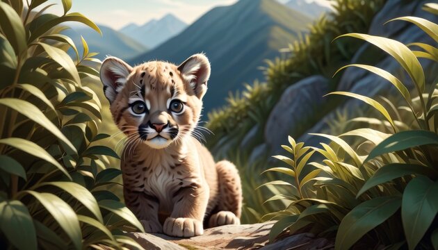 A digitally created image of an adorable baby cougar with large, expressive blue eyes, nestled among vibrant green foliage in a serene mountain setting. AI Generation