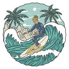 Extreme surfer on surfboard for design of summer beach life. Active man on surf board with wave and tropical palms for surfing or sea sport. Beach tee print or ocean t shirt design