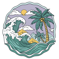 Illustration of a colorful tropical beach wave with palm trees, mountains, and a sunset, in a stylized vector of a tranquil seaside landscape for summer travel and vacation