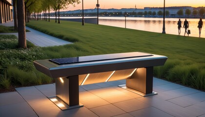 An eco-friendly, solar-powered bench with under-seat lighting illuminates a waterfront promenade at twilight, offering a modern rest stop for pedestrians. AI Generation