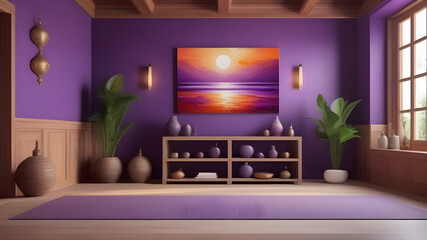 Interior of a cozy yoga room in purple tones.