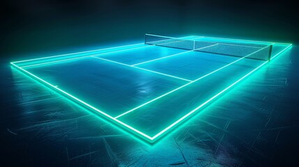 Glowing neon tennis field: A 3D vector illustration of a tennis court glowing in neon - obrazy, fototapety, plakaty