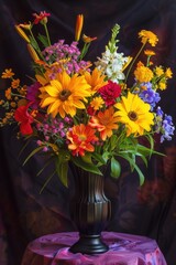 A vibrant bouquet of flowers in a decorative vase. Perfect for home decor or floral arrangements