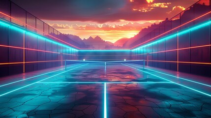 Glowing neon tennis field: A 3D vector illustration of a tennis court - obrazy, fototapety, plakaty