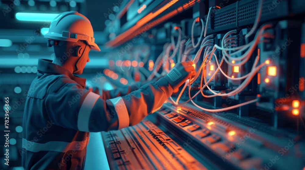 Poster internet infrastructure: a 3d vector illustration of a technician installing a network switch in a d
