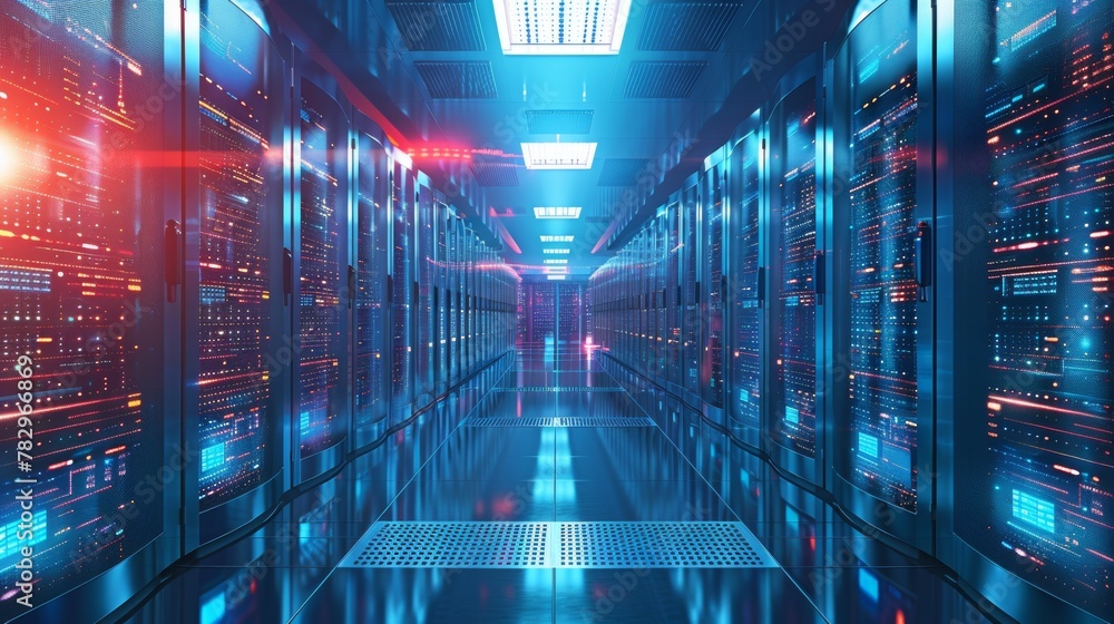 Poster internet infrastructure: a 3d vector illustration of a data center with rows of servers and cooling 