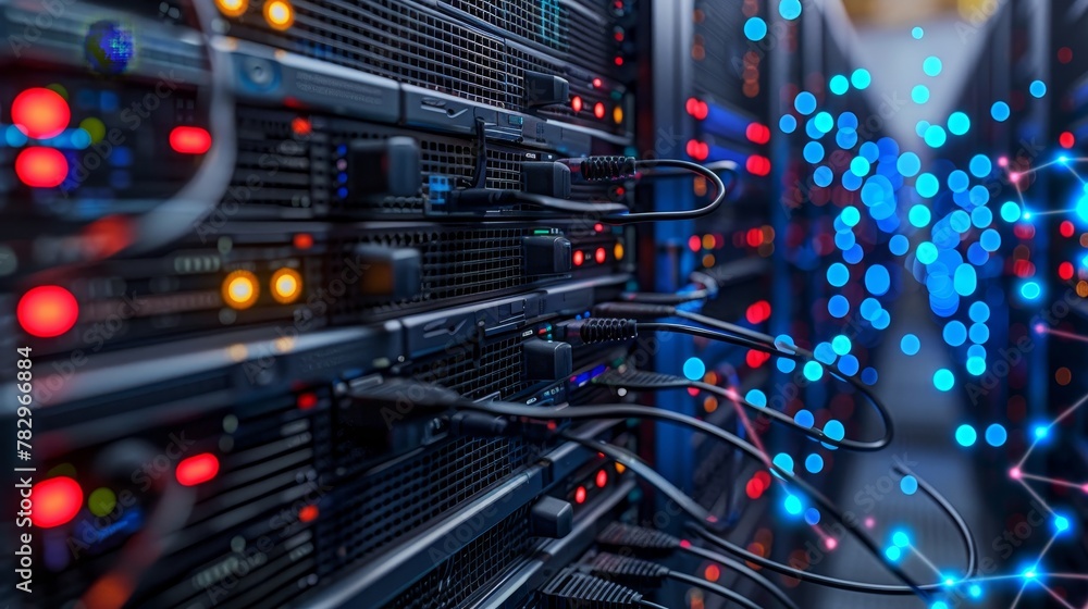 Poster internet infrastructure: a 3d vector illustration of a data center with servers and networking equip