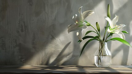 lilies in vase with copy space - obrazy, fototapety, plakaty