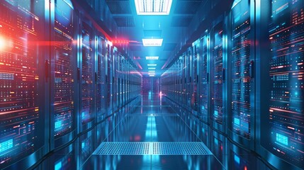 Internet Infrastructure: A 3D vector illustration of a data center with rows of servers and cooling system - obrazy, fototapety, plakaty