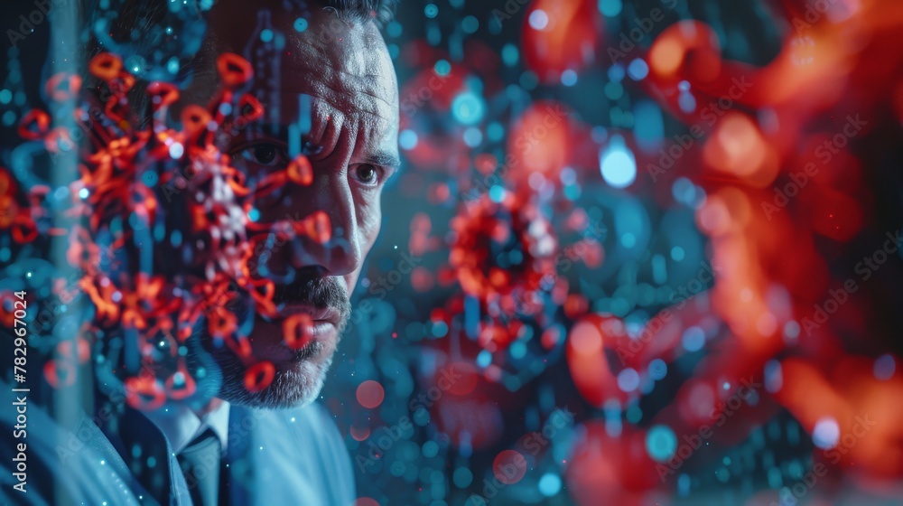 Poster 3D rendering of a businessman using antivirus to prevent a cyber attack on a blurry background
