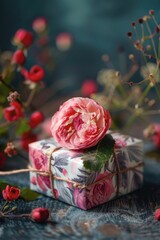 Pink flower sitting on top of a wrapped present, perfect for gift-giving occasions - obrazy, fototapety, plakaty