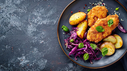 Crispy breaded fried cutlet with baked potatoes and cooked red cabbage on plain background, empty copy space