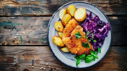Crispy breaded fried cutlet with baked potatoes and cooked red cabbage on plain background, empty copy space - obrazy, fototapety, plakaty