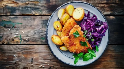 Selbstklebende Fototapeten Crispy breaded fried cutlet with baked potatoes and cooked red cabbage on plain background, empty copy space © Uwe